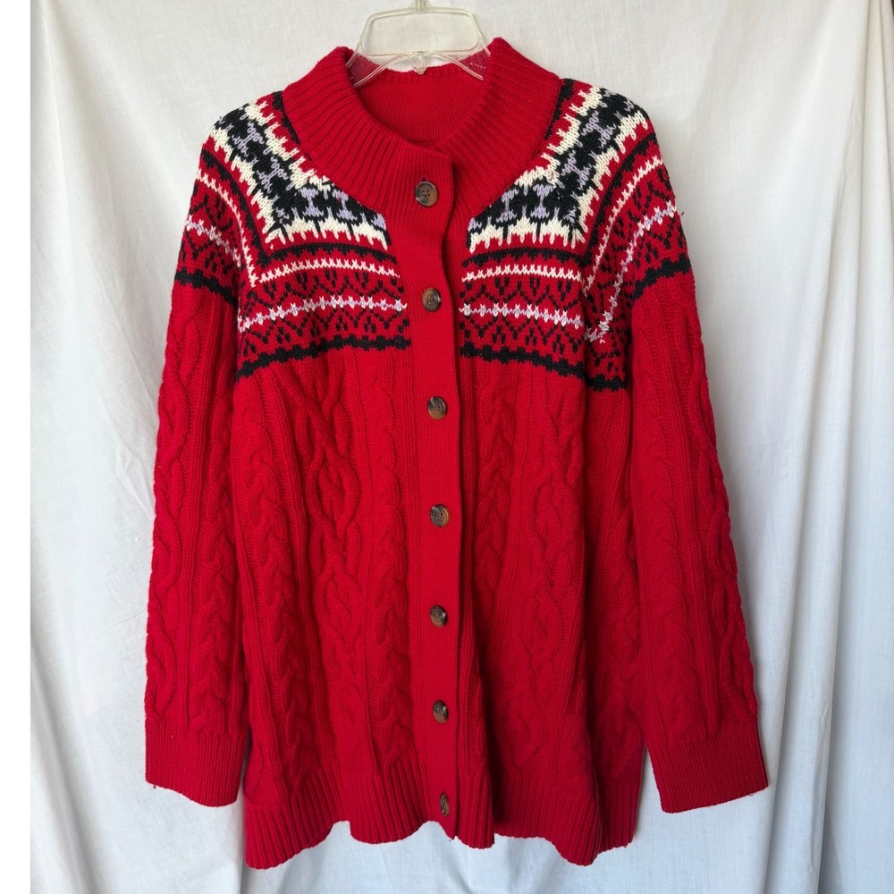 Lands' End Cardigan Cabin Cozy Sweater Red Fair Isle Cable Knit Plus 3X 24W-26W